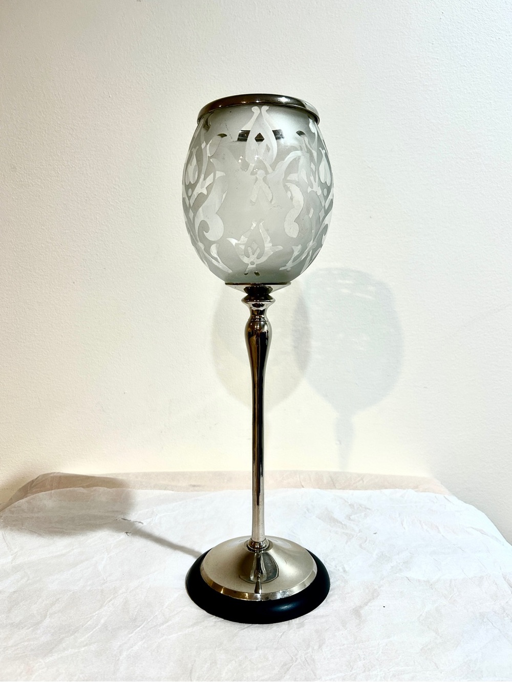 Vintage Bombay Co. Frosted Etched Glass & Silver Plated Hurricane Candleholder